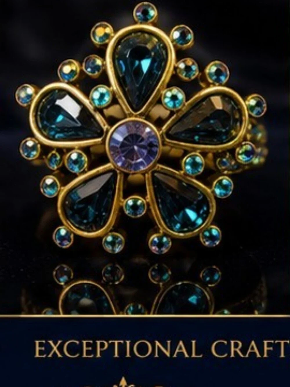 Heidi Daus Floral Crystal Statement Ring Size 9 Blue AB Rhinestone Gold Tone NOS